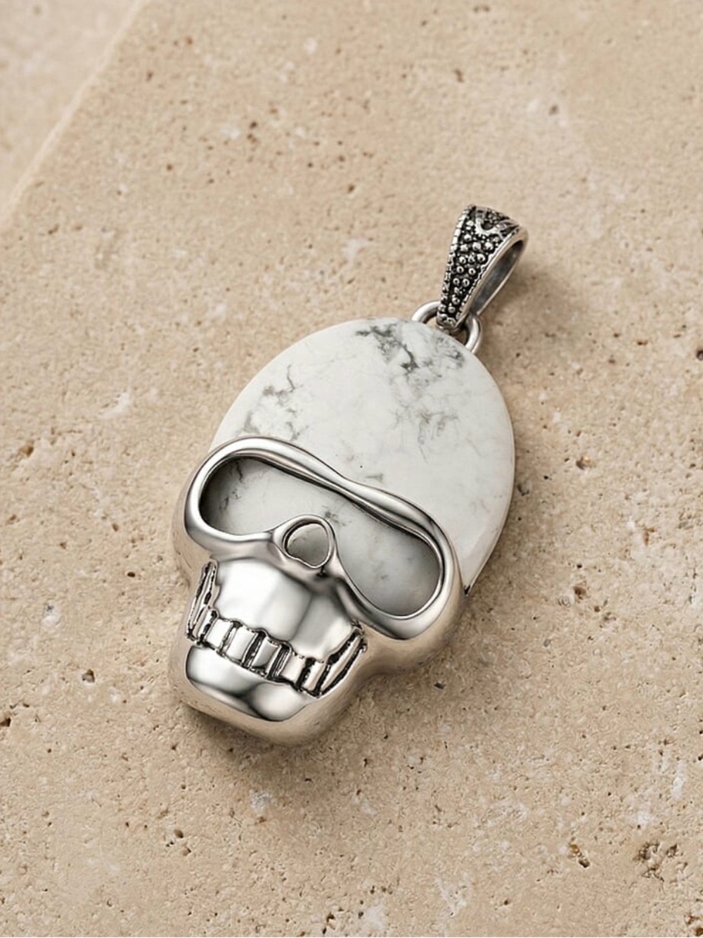 Howlite Skull Pendant Necklace with Silver Tone Accents